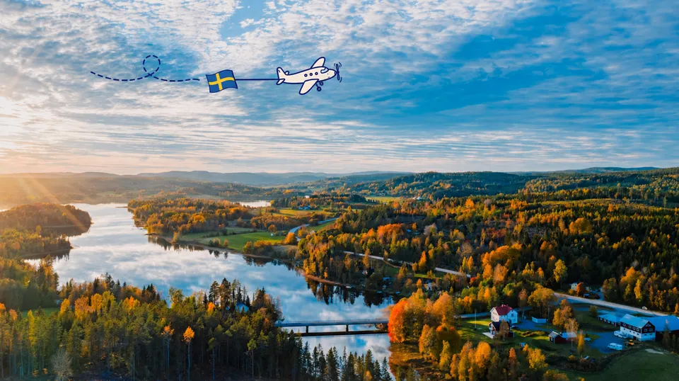 See bei Härnösand mit gezeichnetem Flugzeug, Reiseroute und Schwedenflagge