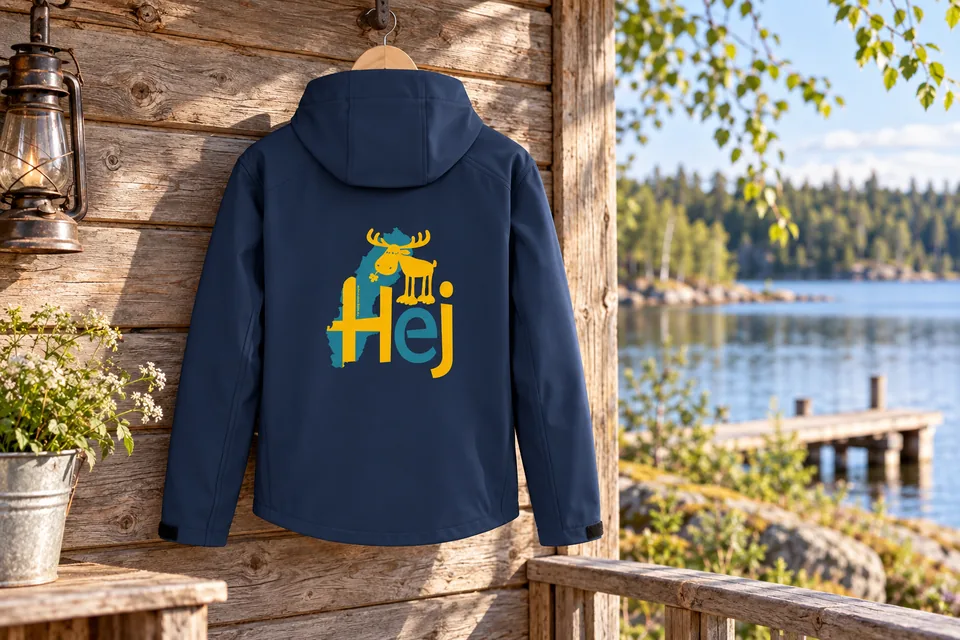 Navy Softshelljacke mit gelb-türkisem HEJ-Elchmotiv auf dem Rücken an einer Hütte am See