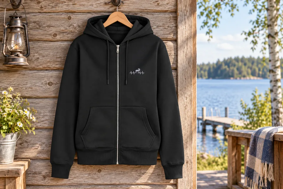 Schwarze Sweatjacke mit Reißverschluss und kleiner Elch-Herzschlag-Stickerei am See