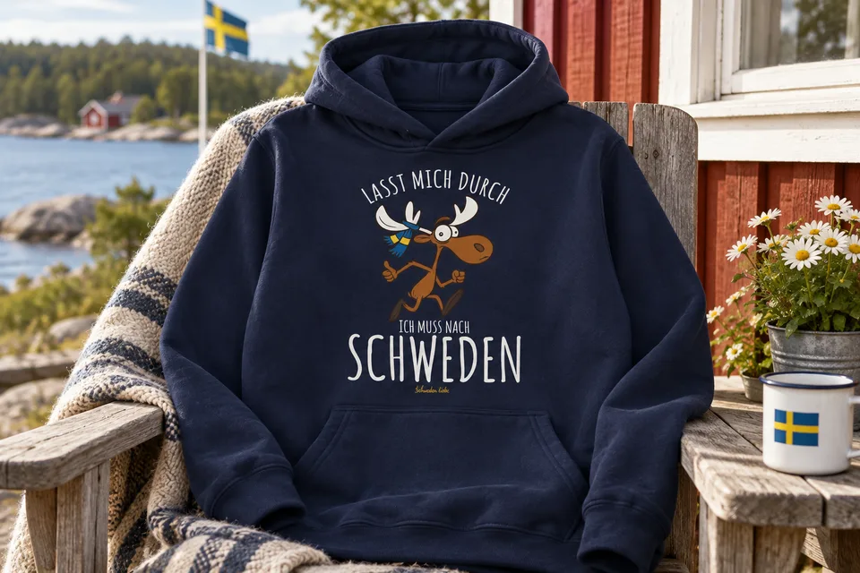 Produktabbildung: Schweden-Liebe-Hoodie und Tasse am See