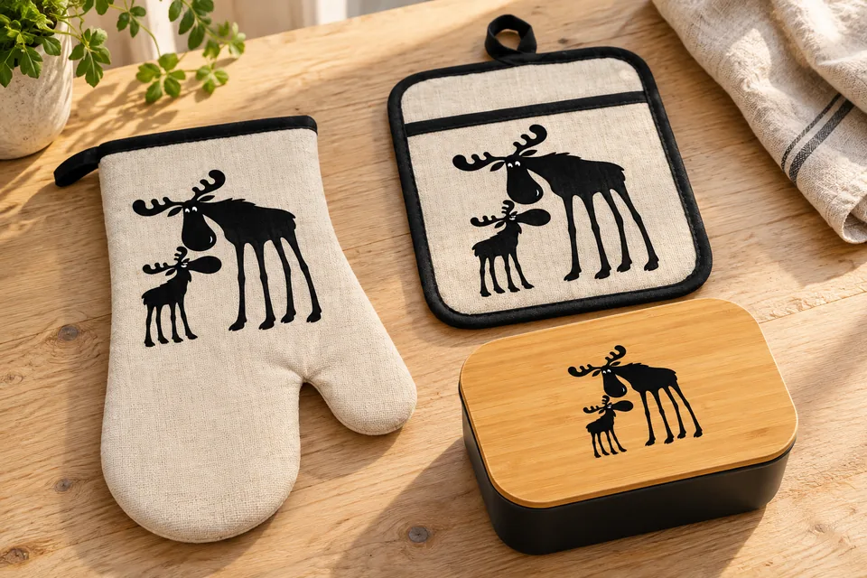 Ofenhandschuh und Topflappen in Leinenoptik sowie eine schwarze Lunchbox mit Bambusdeckel, alle mit dem Elchfamilien-Motiv auf einem Holztisch