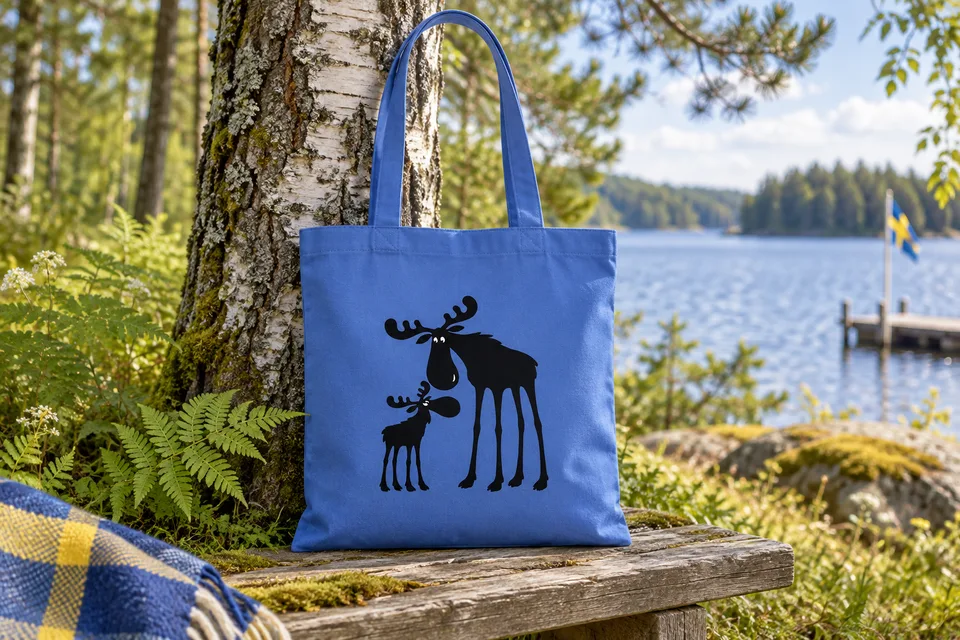 Blauer Beutel mit Elchfamilie im schwedischen Wald