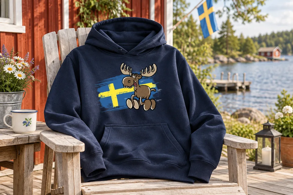 Schweden-Hoodie mit Elch und Flagge vor einem roten Ferienhaus