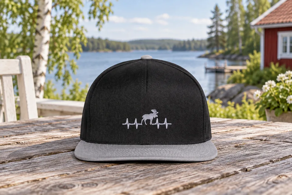 Schwarz-graue Cap mit kleiner Elch-Herzschlag-Stickerei am See