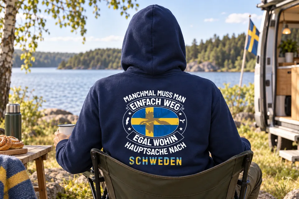 Schweden-Hoodie beim Camping am See